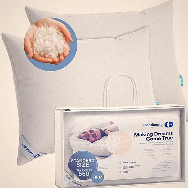 Continental Bedding | Harmony White Down Pillow | 550 Fill Power | 400 Thread...