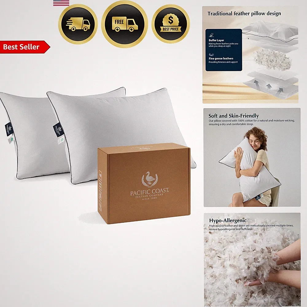 Goose Feather Down Bed Pillows Set of 2 Hypoallergenic Support Soft Fluffy